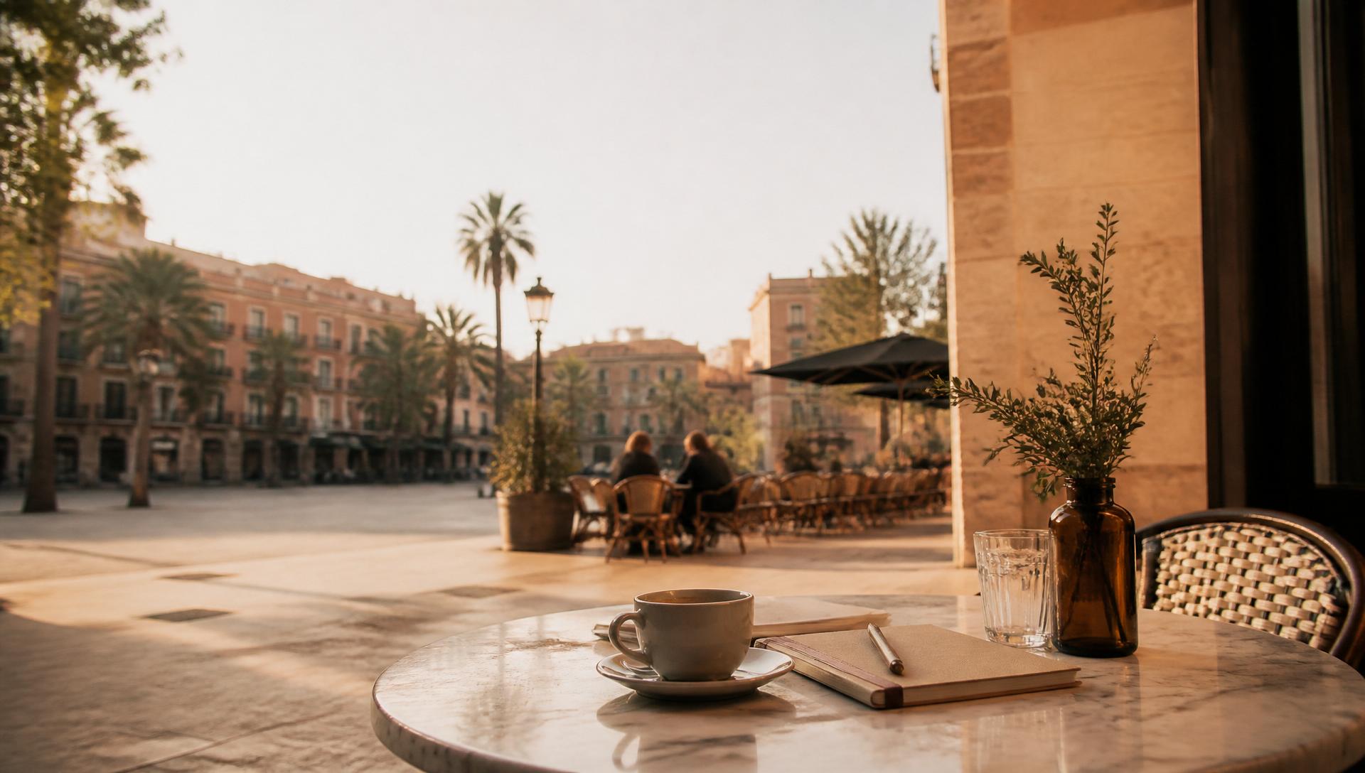 Sunlit Barcelona café terrace with a coffee and notebook on a marble table